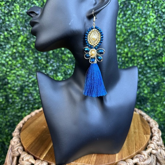 Hand made checo crystal beads 14K gold plated Blue Tassel Earrings NEW - Picture 5 of 6